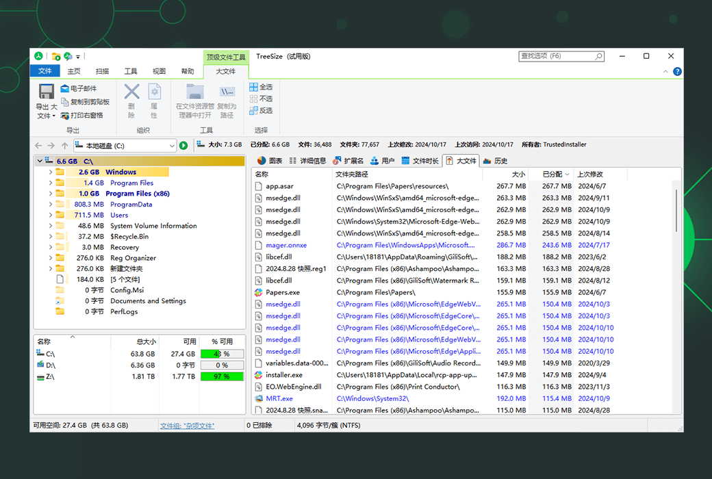 TreeSize graphical disk space detection, analysis and management tool software截图