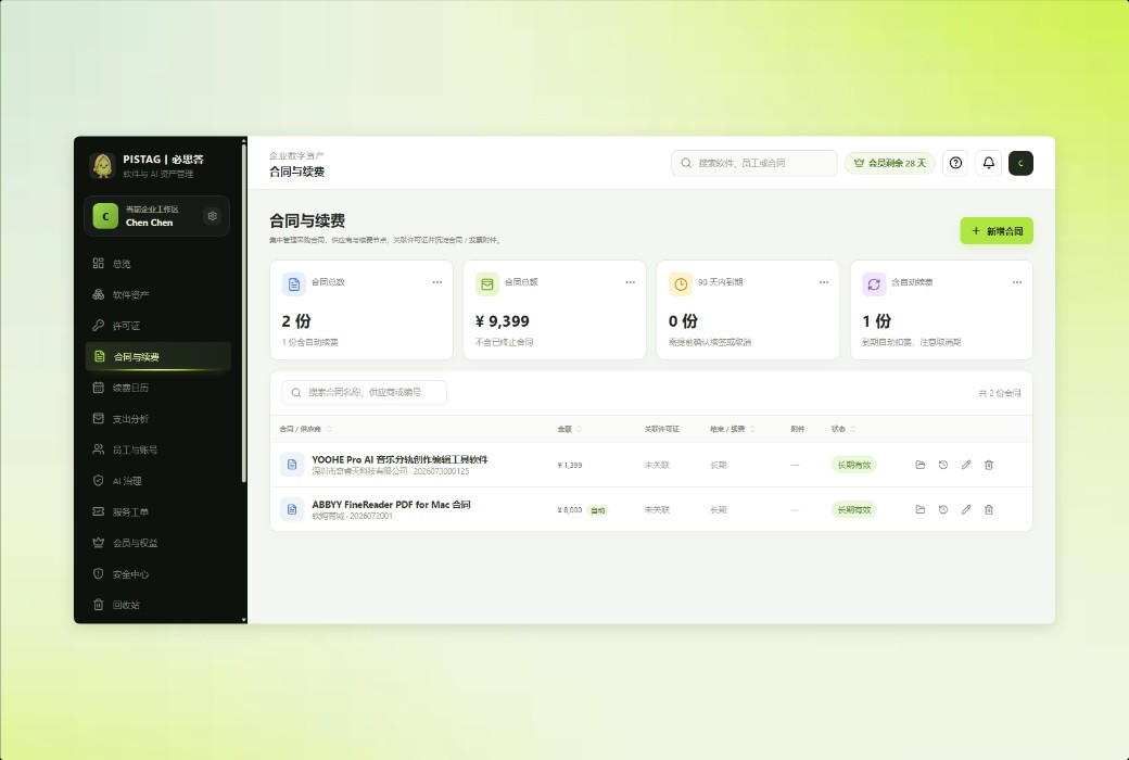 Pistag 必思达 软件许可证与 AI 资产管控平台截图