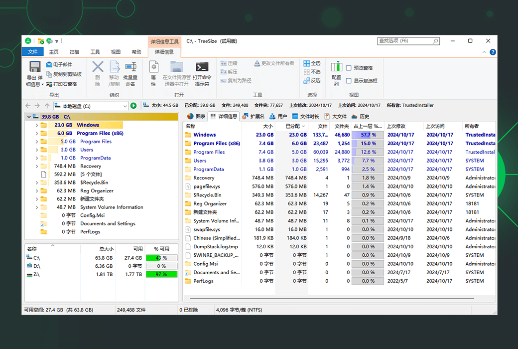 TreeSize graphical disk space detection, analysis and management tool software截图