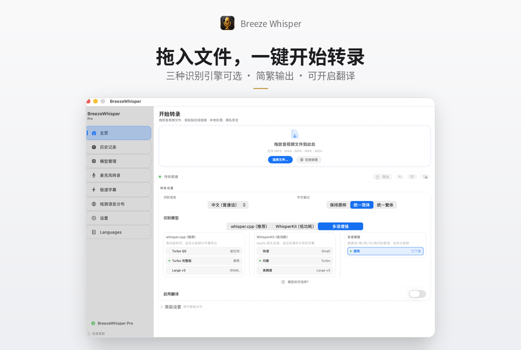 BreezeWhisper Pro 语音识别音视频转文字工具软件截图